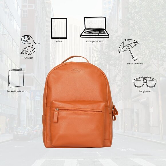 Genuine Leather Backpack |16" H Orange Travel Backpack for Women & Men Daily Use - Picture 5 of 10